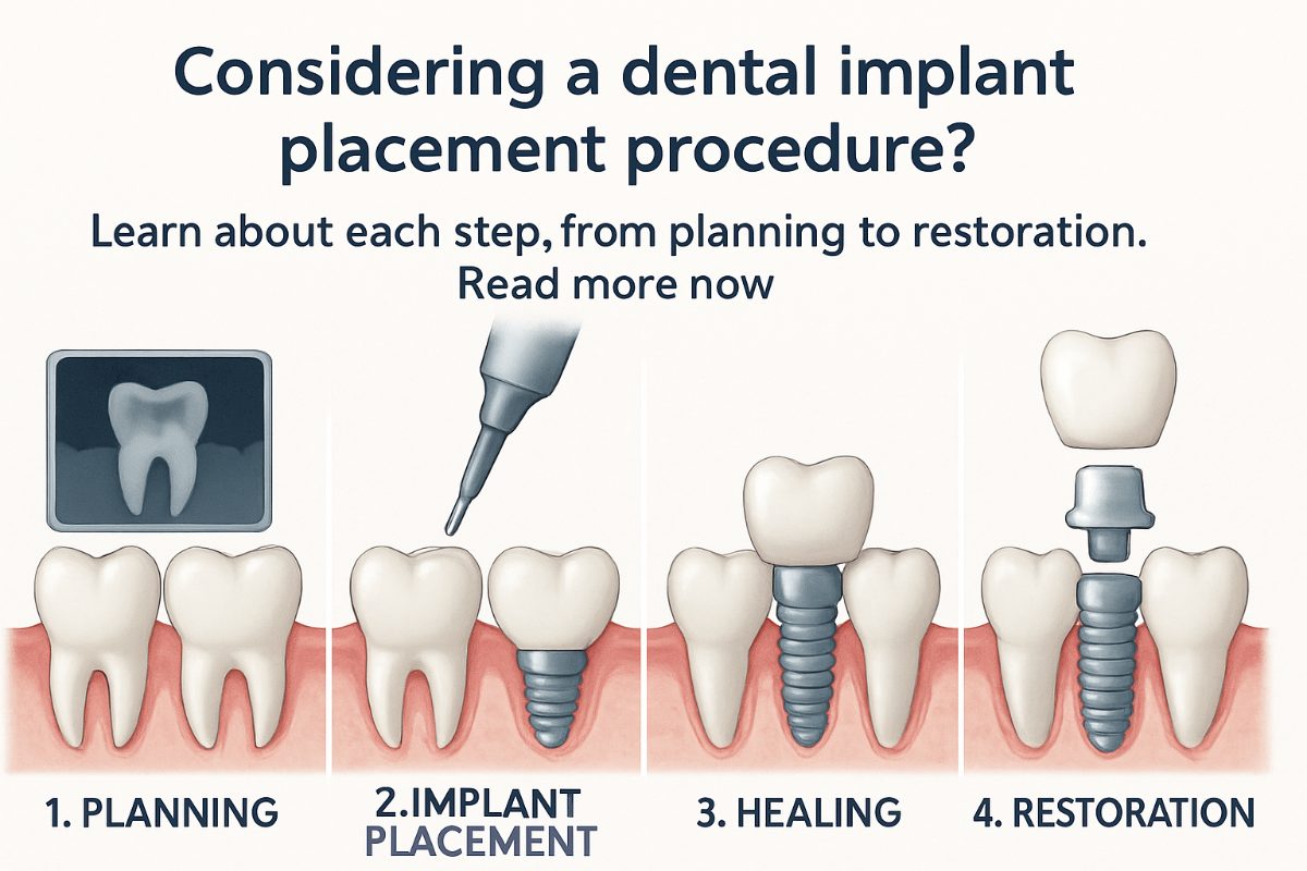Image of a dentist explaining the dental implant placement procedure to a patient using a model of a jaw with implants. The image should be in a modern dental office setting. No text on the image.