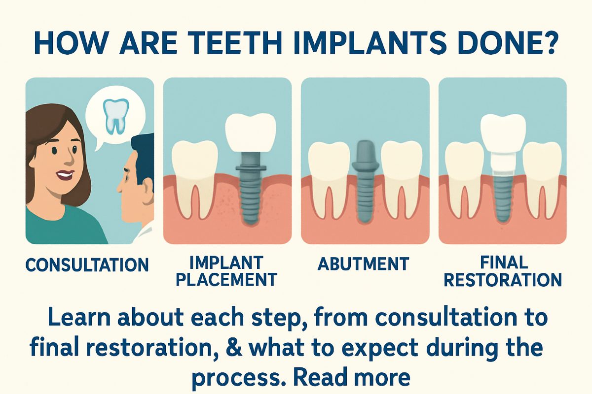 Image of a dentist explaining the dental implant process to a patient, using a model of a jaw with an implant in place. The dentist is pointing to the implant, while the patient looks on with interest. No text on image.